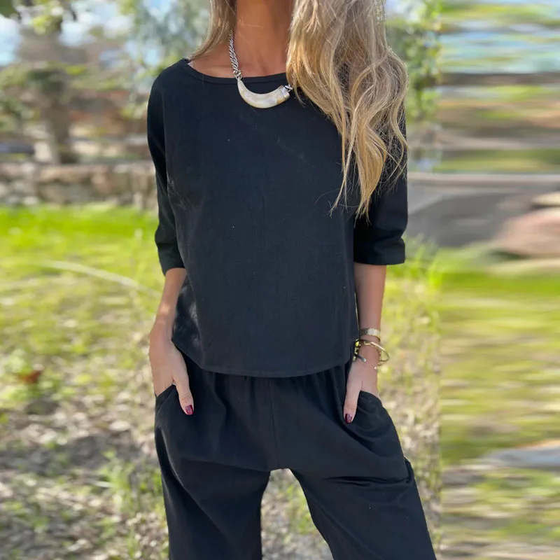 빈티지 솔리드 코튼 린넨 여성 의류 우아한 O넥 탑 풀오버 & 롱 팬츠 슈트 가을 반팔 투피스 세트 의상