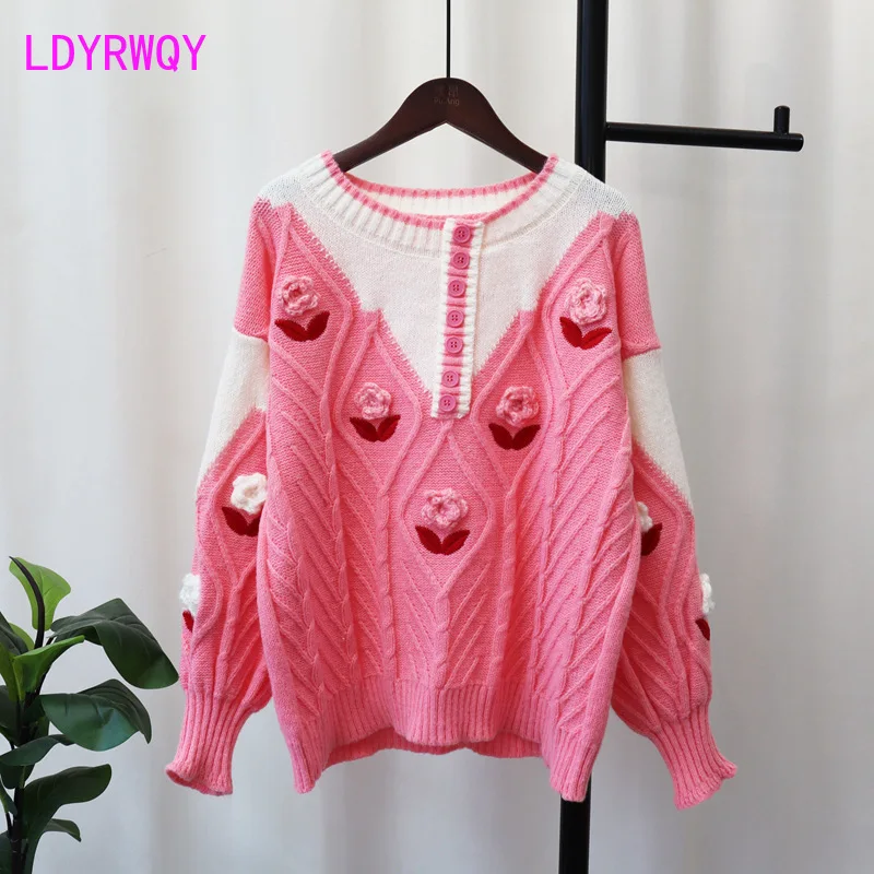 2023 Autumn/Winter New Korean Version Loose fitting Heavy Industry 3D Flower Knit Top Women's Contrast Color Sweater Pullover