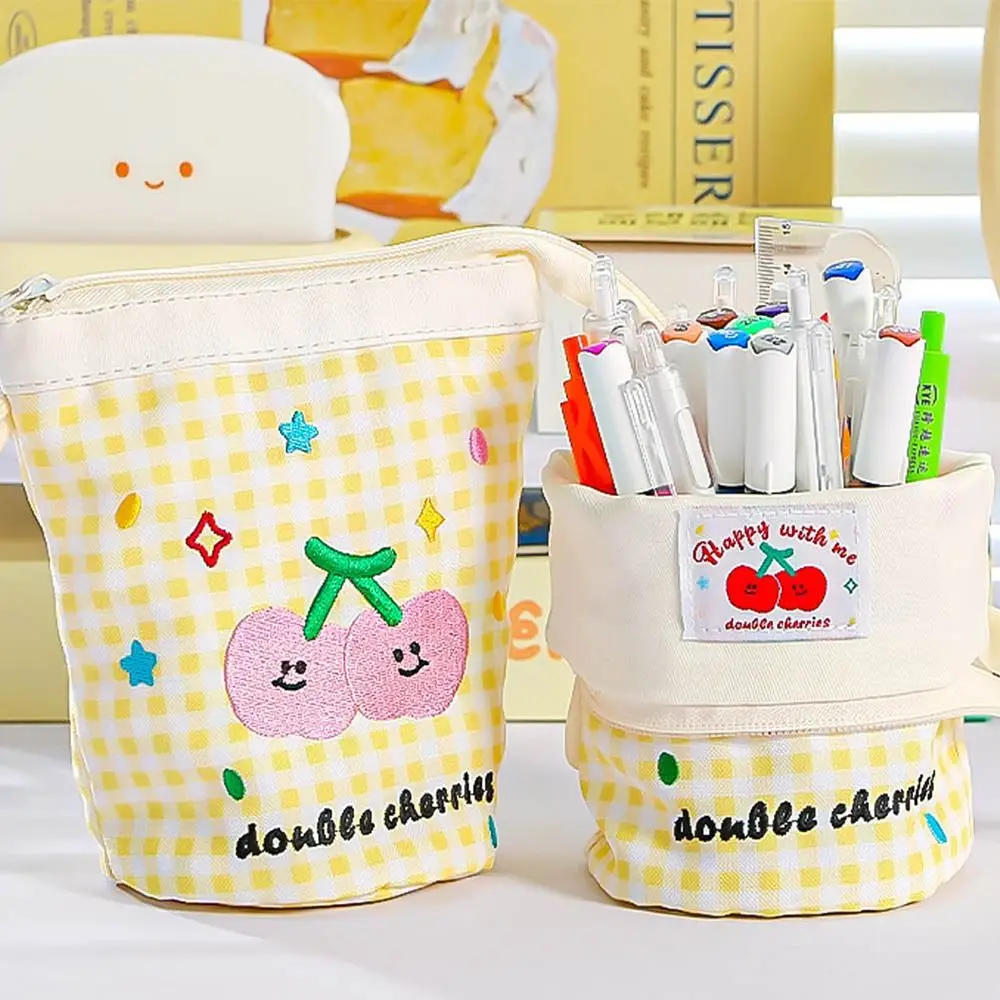 

Dopamine Plaid Pen Bag Contrast Color Large Capacity Cute Pencil Case Check pattern Japanese style Vertical Pen Holder