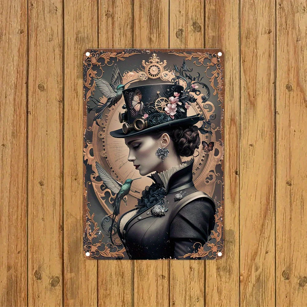  Steampunk Iron Foil Etching Wall Art Decor - Vintage Lady with Top Hat,Hummingbirds, Gears,Floral Motifs, Pre-Drilled for Easy 