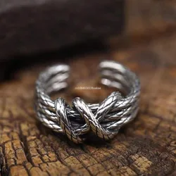 Retro Woven Rope Ring for Men Silver Color Punk Gothic Adjustable Open Ring Handmade Rock Biker Accessories Man Jewelry Gifts