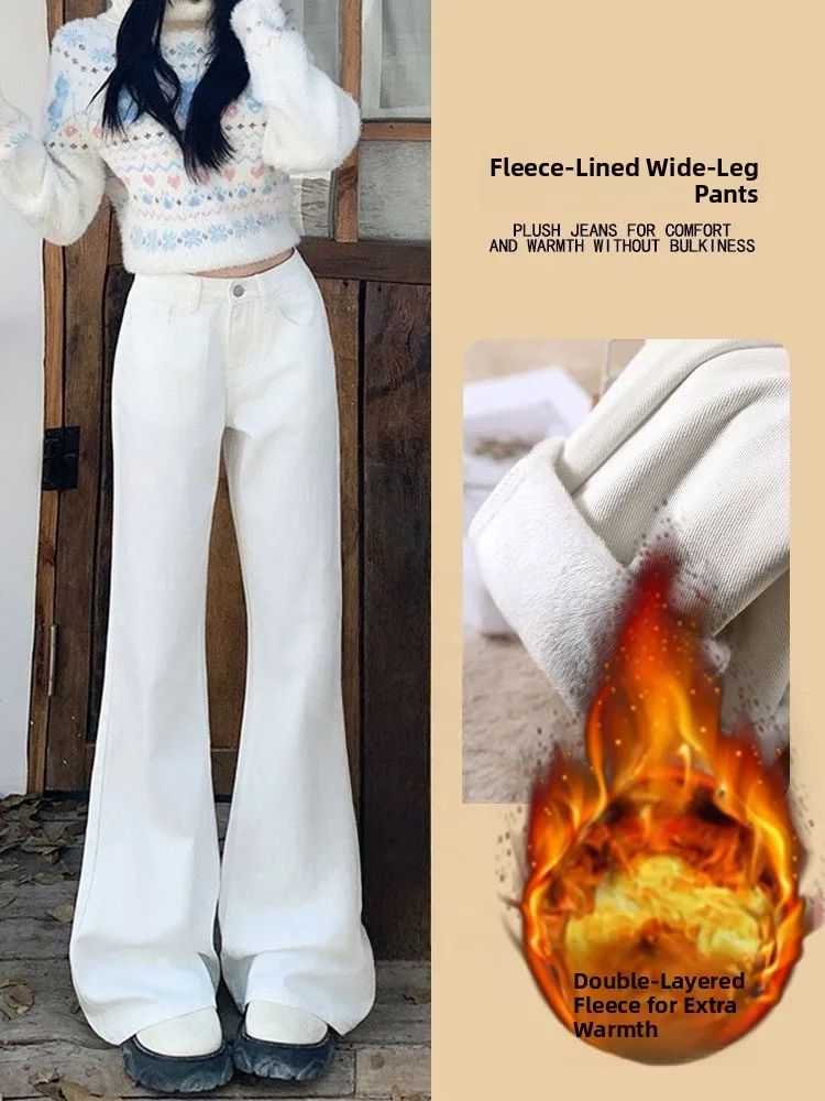 

plus Size Women's White Bell Bottom Jeans High Waist Slimming Loose Straight Leg Hoof Pants Winter New Style Clean Fit