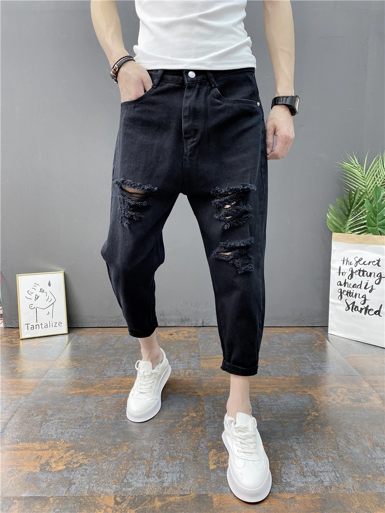 

Летние тонкие мужские джинсы, модные джинсы с дырками, облегающие брюки семи-пяти длины, молодежные износостойкие повседневные брюки Harlan Sle