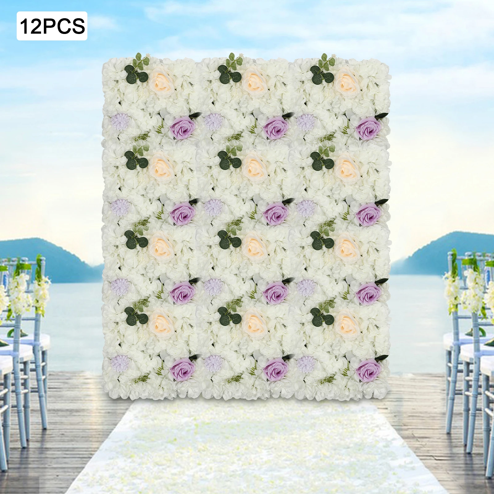 12 Pieces of Plant Flower Wall 38 * 38cm - White Dali+purple Champagne Rose+purple Ping Pong Chrysanthemum