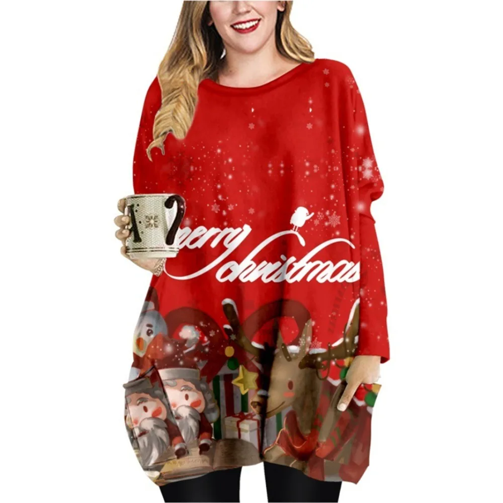 Animal Christmas Dress Fashion Women O Neck Casual Loose Cute Party Dress Retro Oversized Clothing Vestidos Elegant Femme