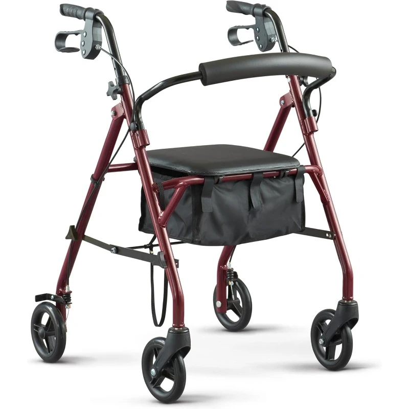 Rollator Walker with Seat, Steel Rolling Walker with 6-inch Wheels Supports up to 350 lbs, Medical Walker, Burgundy