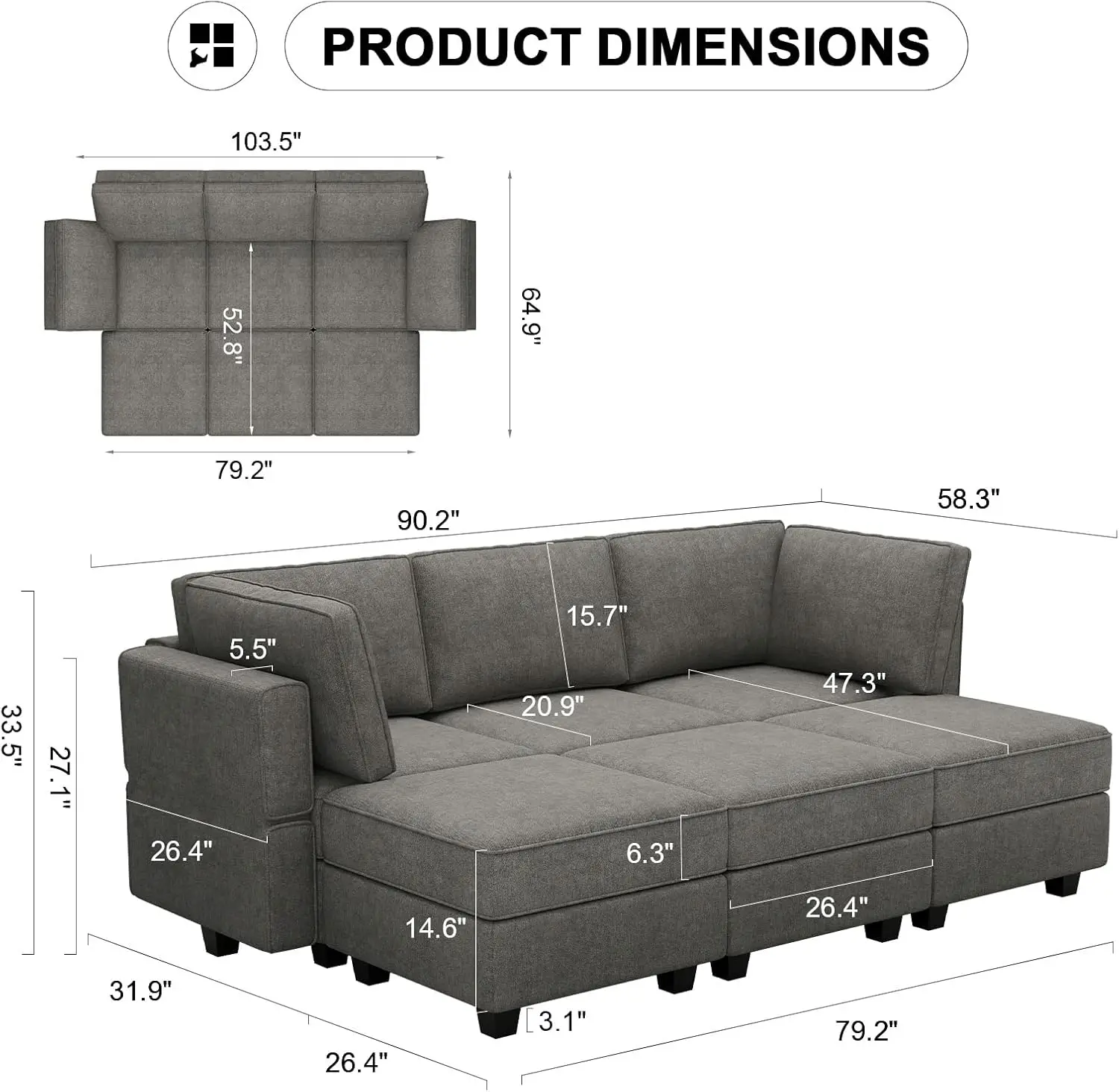 Modular Sectional Sofa Sleeper Modular Sectional Couch Sofa Convertible Sectional Couch Reversible Sofa Bed Grey