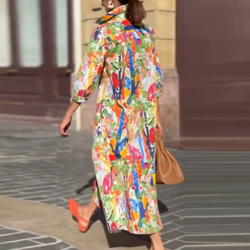 Abito da pendolare elegante a pieghe larghe a trapezio Abito estivo con colletto rovesciato Stampa Boho Abito da donna Abito da festa casual con lacci a maniche lunghe