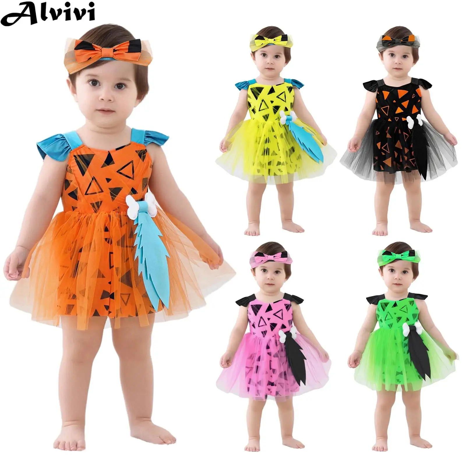 

Детское сетчатое платье-пачка с 3D декором в виде кости для девочек, платье-пачка для девочек с повязкой на голову, костюм для косплея на Хэллоуин, пещерный флинт-камень, примитивный мужской костюм