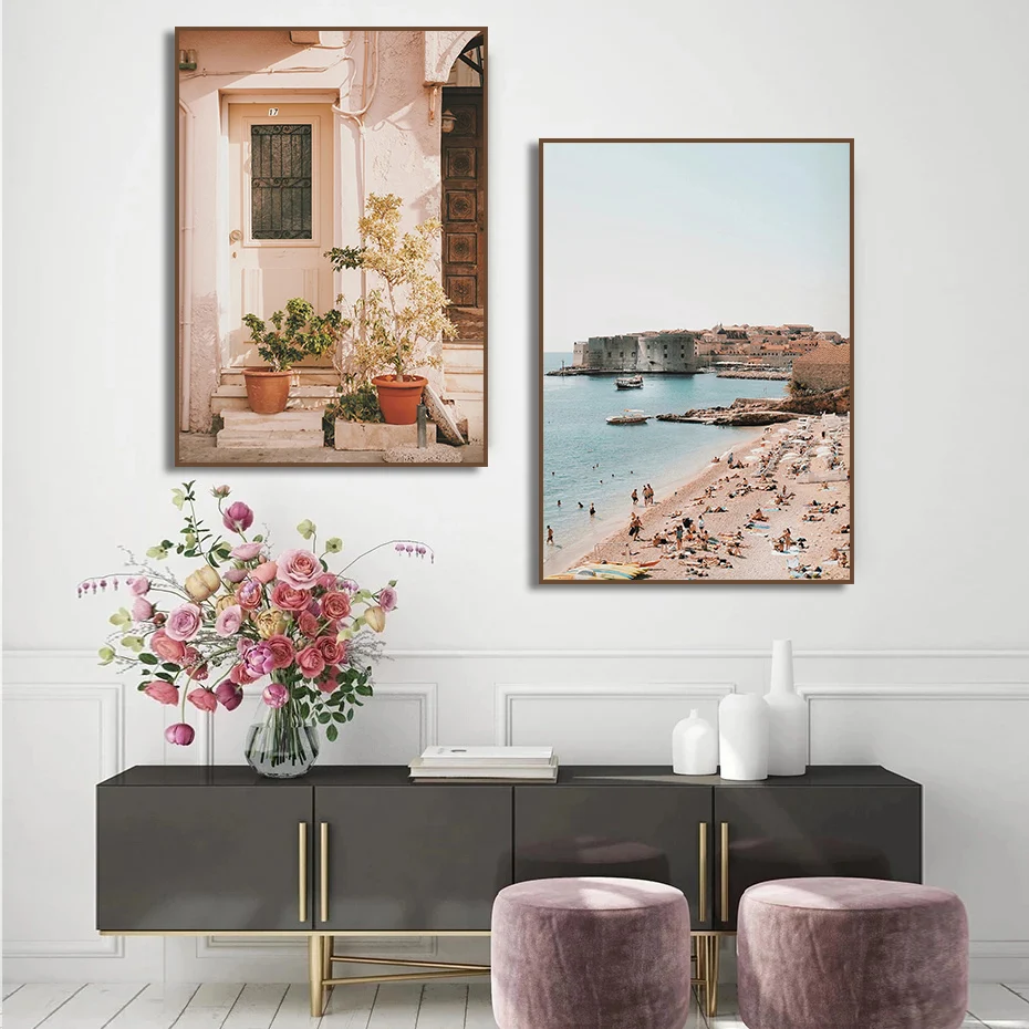 Nordic Aerial City Architecture  Greece Floral  Eiffel Tower Santorini Poster Print Travel Canvas Painting Wall Art Home Decor