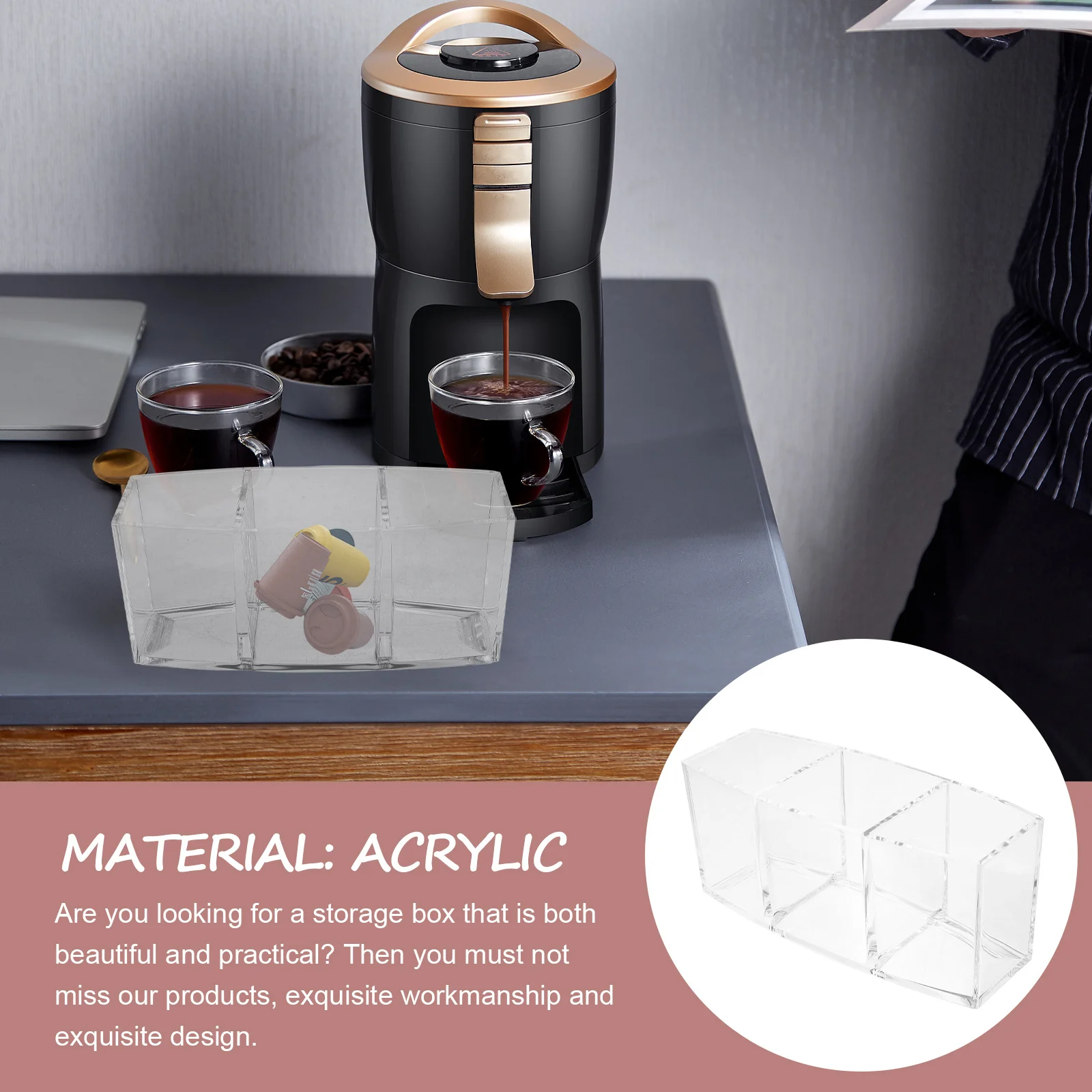 Acrylic Coffee Capsule Holder with Multiple Compartments Clear Storage Box for Capsules Tea Bags Creamers Compact Coffee Bar