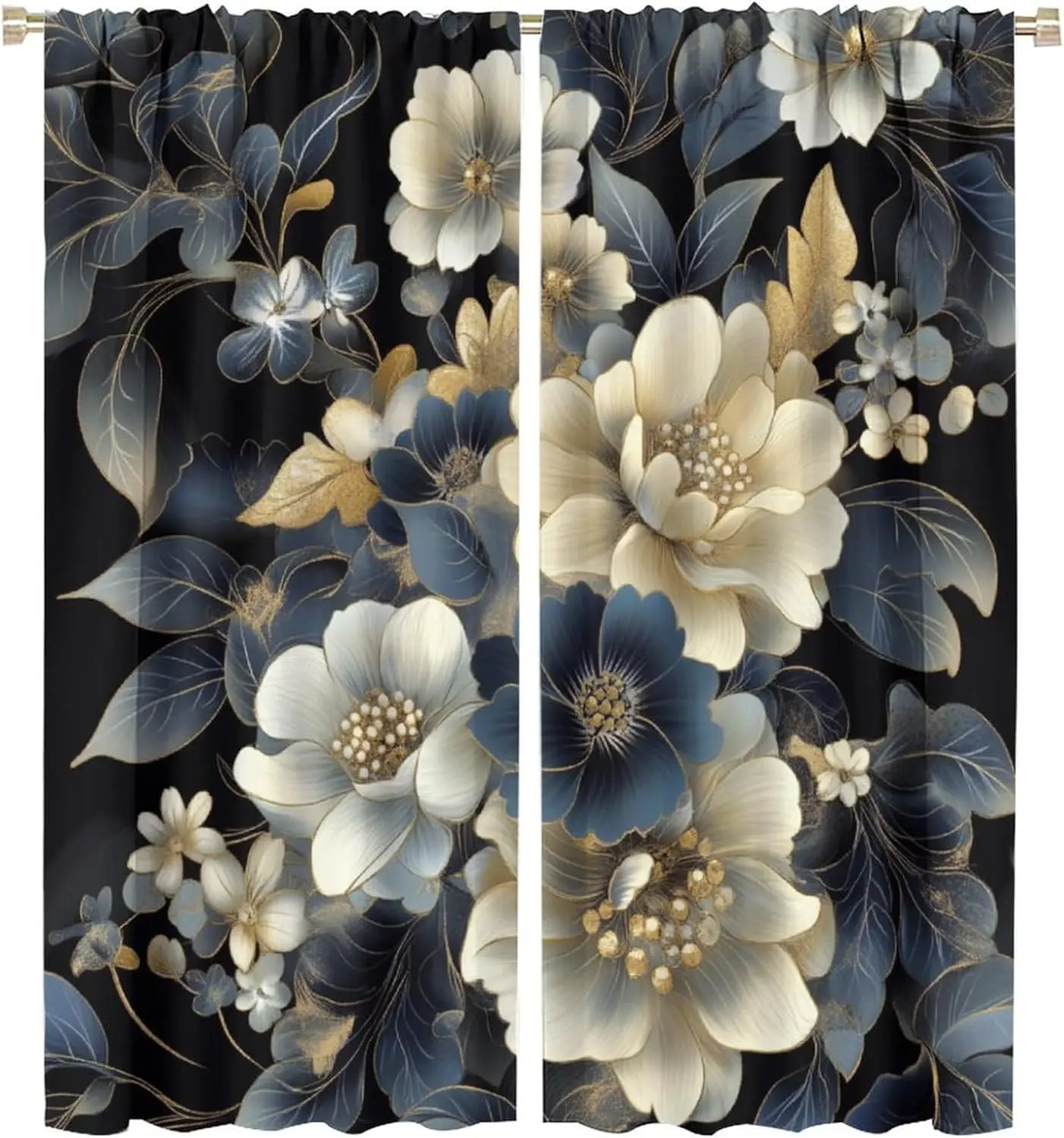 Blue Beautiful Floral Blackout Curtains, Botanical Art Pattern Curtains Rod Pocket Thermal Insulated Window Drapes