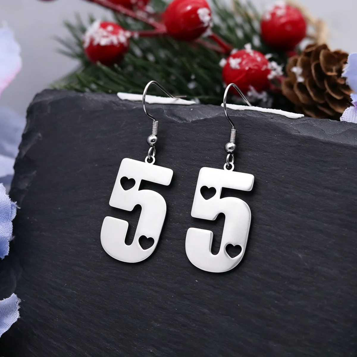 Kinitial Stainless Steel Number 5 Dangle Hook Earrings Lucky Number Digit Heart Drop Ear Jewelry Gift For Women