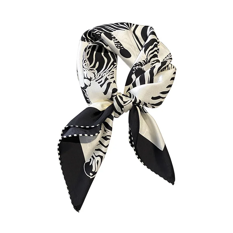 Zebra Print 100% Silk Neckerchief Necktie Women Square Head Scarves Hijab for Hair Wrapping 68*68cm