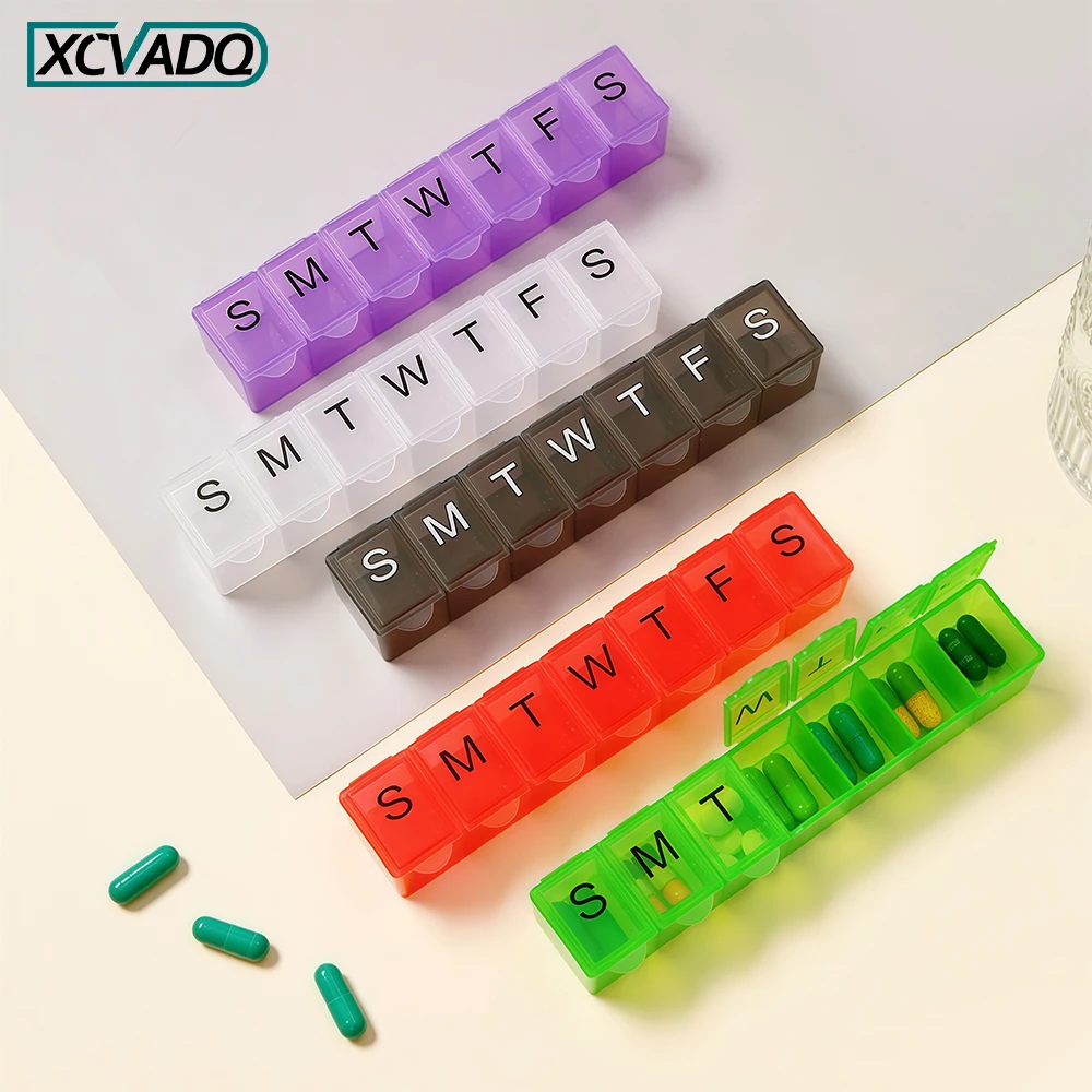 1 peça organizador de comprimidos semanal, caixa de comprimidos diária de 7 dias fácil de abrir, recipiente de medicamentos impresso em serigrafia para vitaminas