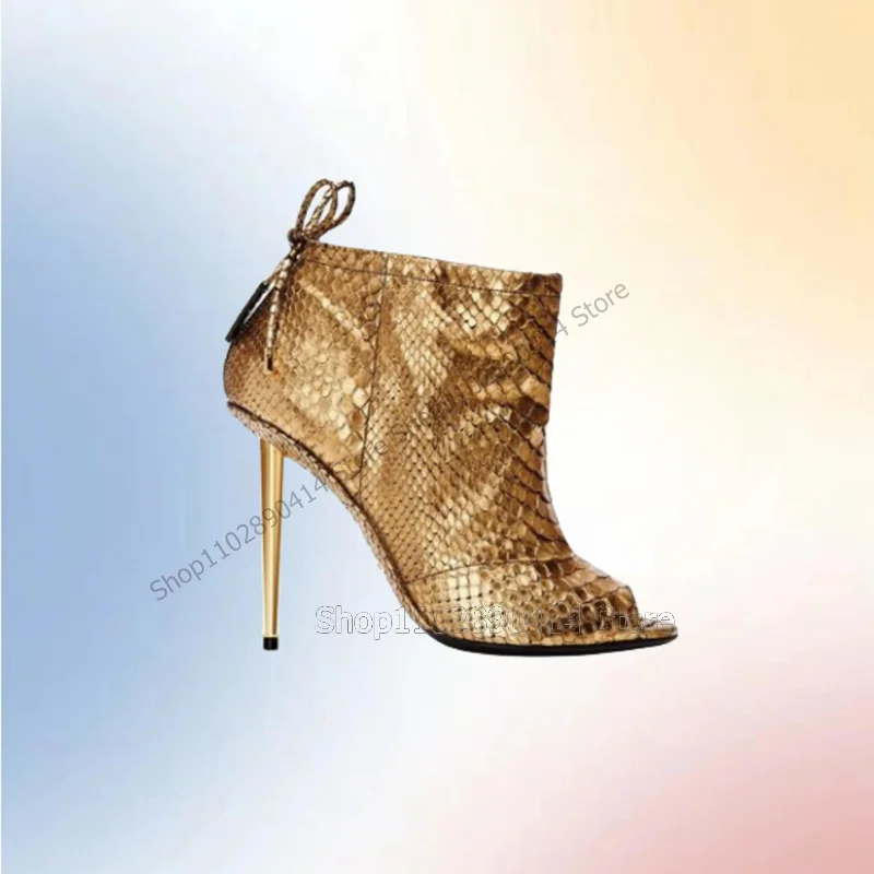 Gold Fish Scale Print Peep Toe Ankle Boots Back Strap Women Shoes Thin High Heels Novel Fashion Party 2023 Zapatos Para Mujere