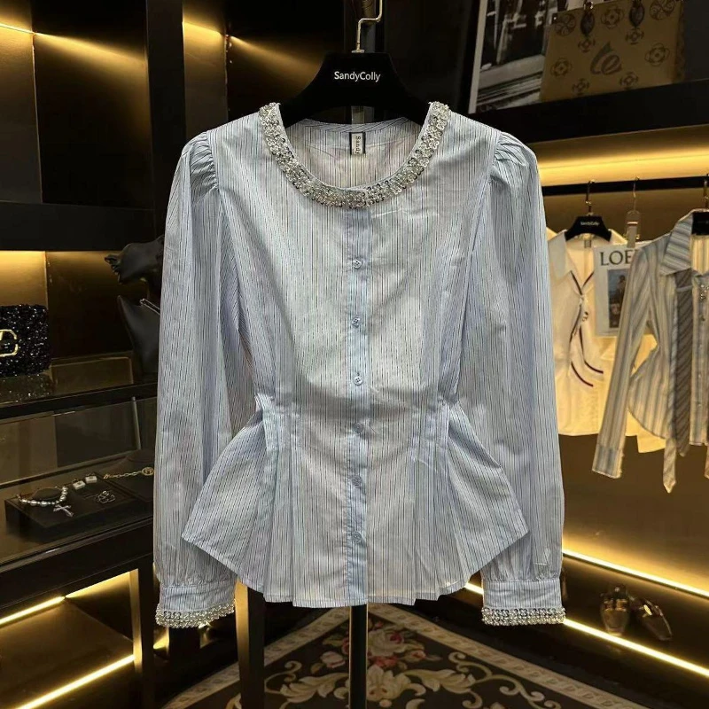 French Style Niche Design Heavy Industry Diamond Studded Pleated Striped Shirt Women's Waist Cinched Top