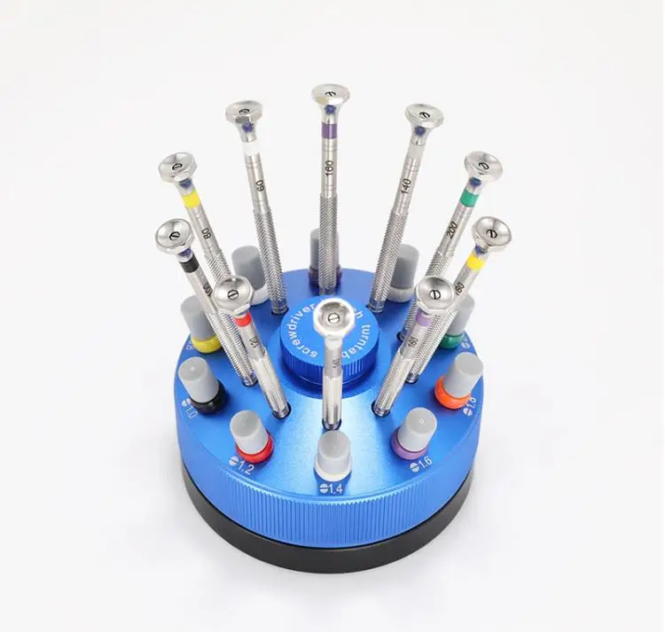 W7472 Octagonal Top Knurled Handle Watch Repair Screwdriver Kit with Rotatable Base and 20pcs Extra Blades 0.6mm-3.0mm Size