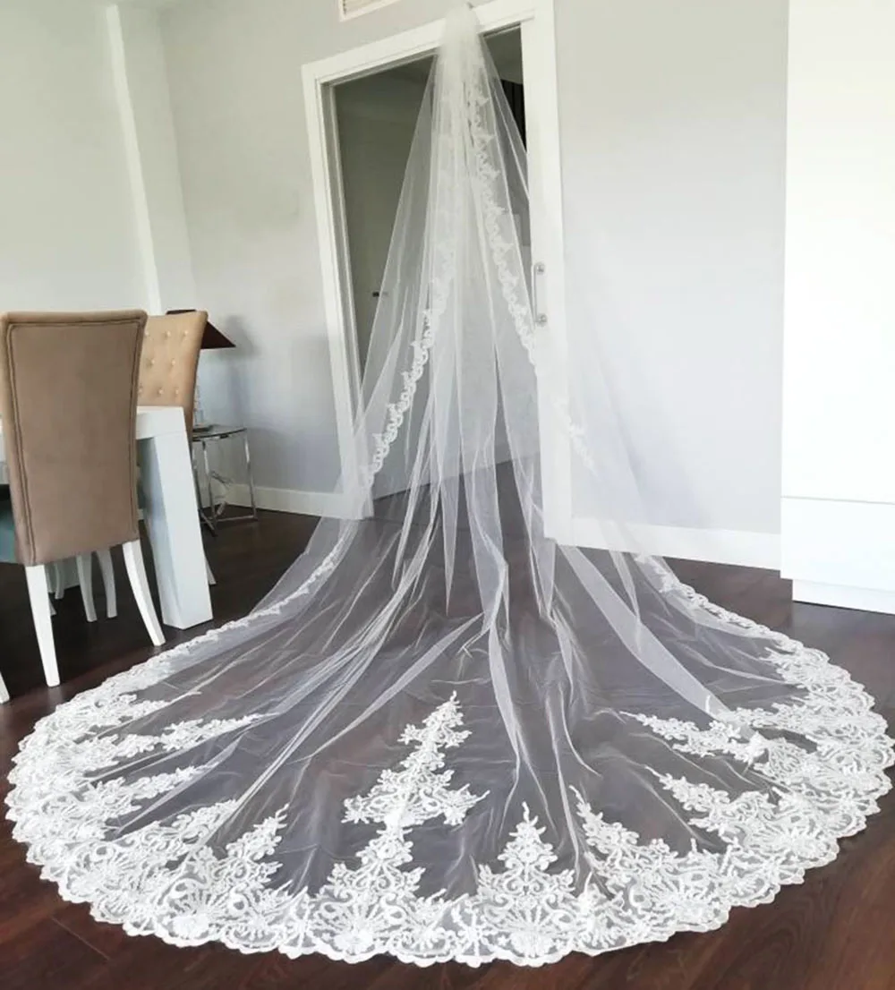 Customized High Quality Long Bridal Veil 3m/4m/5m Lace Wedding Veil with Comb White/Ivory Wedding Accessories Velo de Novias