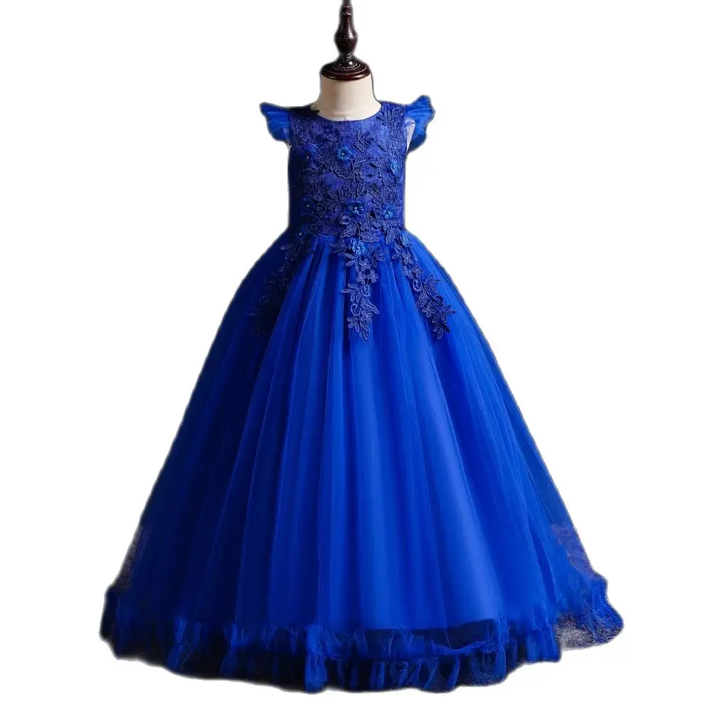 Blue New Girl Flower Elegant Long Dress FOR 4 to 14 years Children\'s Ball Embroidered Princess Dress