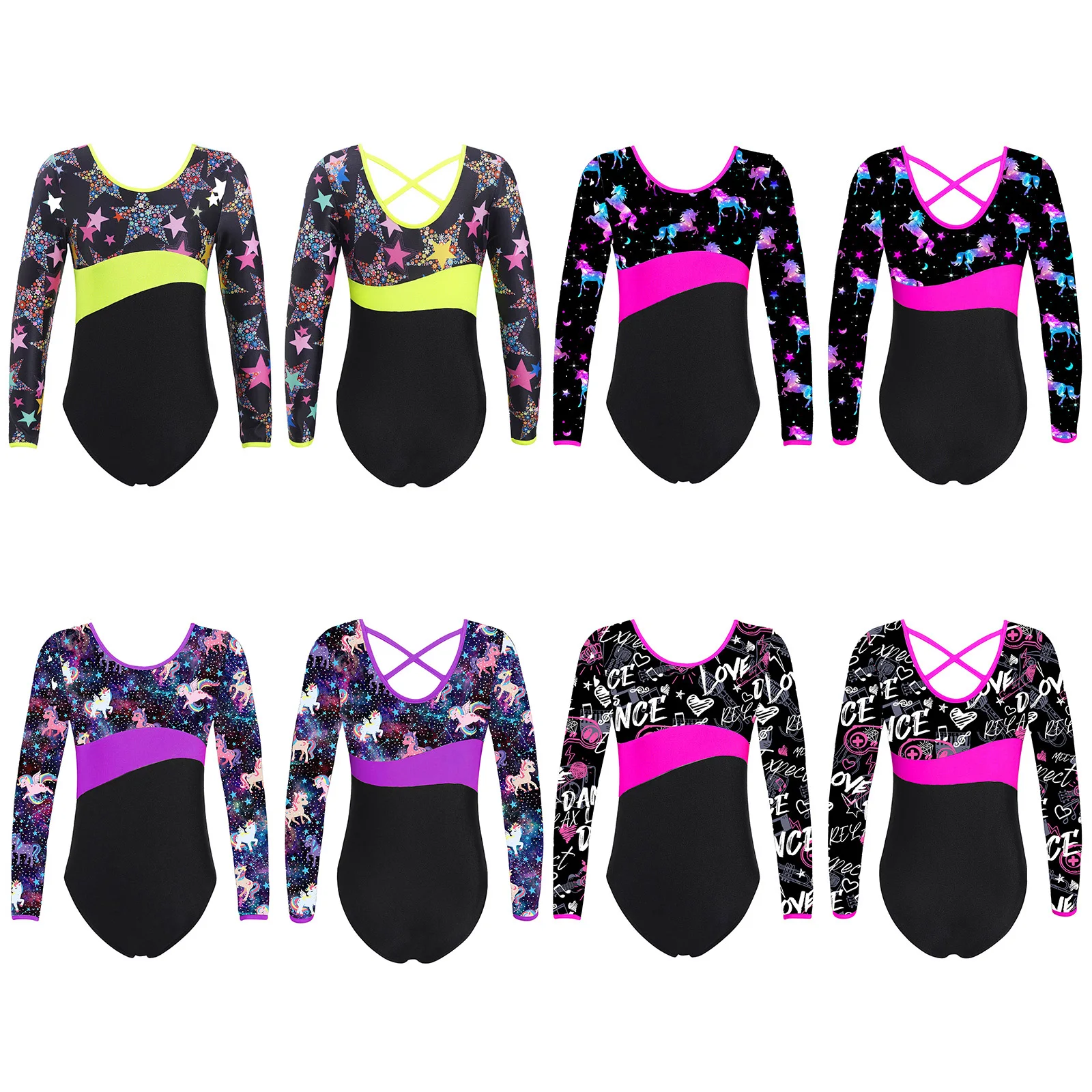 Kids Girls Ballet Dance Leotards Long Sleeve Print Bodysuit Gymnastics Training Catsuit Ballerina Stage Performance Dancewear