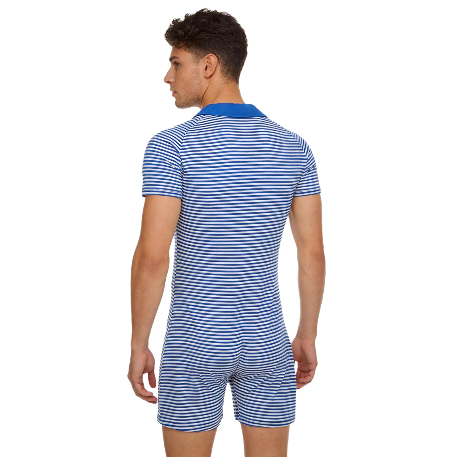 

Мужской полосатый комбинезон-пижама для взрослых, уютная домашняя одежда с отложным воротником, на пуговицах, с коротким рукавом, боди-комбинезон, нижнее белье, одежда для дома