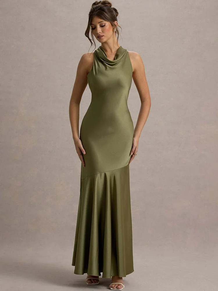 Satin Cowl Neck Sexy Maxi Dress Women Gown Fashion Elegant Sleeveless Backless Pleated Club Party Long Dress Female 2025