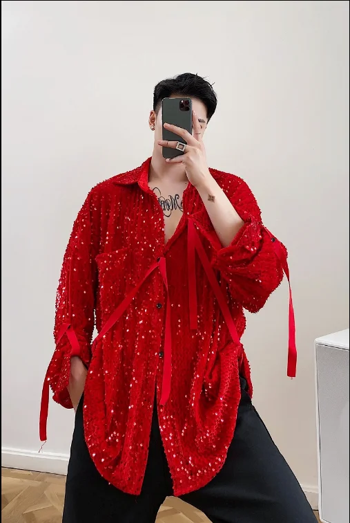 الرجال أحمر أسود الترتر القمصان الذكور المغني الحفل حفلة مرحلة الأداء الملابس شخصية تألق قميص عاكس Ropa #4