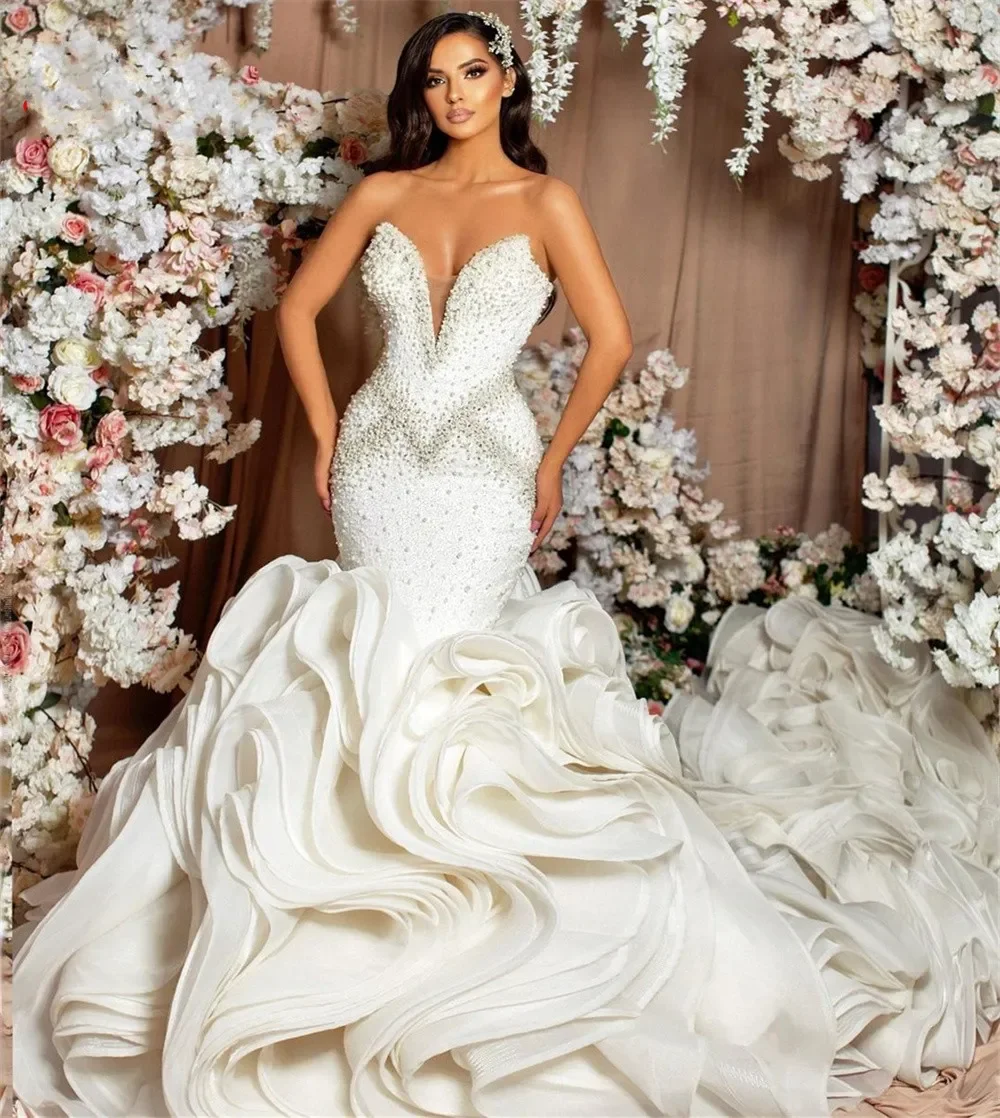 

Luxury Mermaid Wedding Dress Big Train Tulle Lace Crystal Beaded Diamonds Bridal Gown vestidos de novia robe de mariage