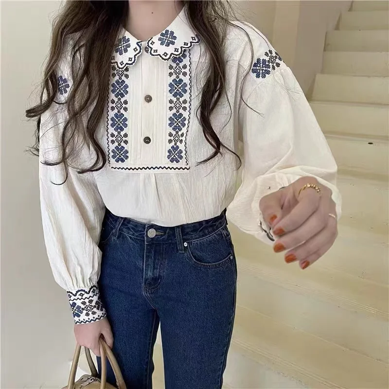 Retro Heavy Industry Embroidery 2024 Women\'s Spring and Autumn Pullover Lapel Panel Button Fashion Slim Fit Long Sleeved Shirt