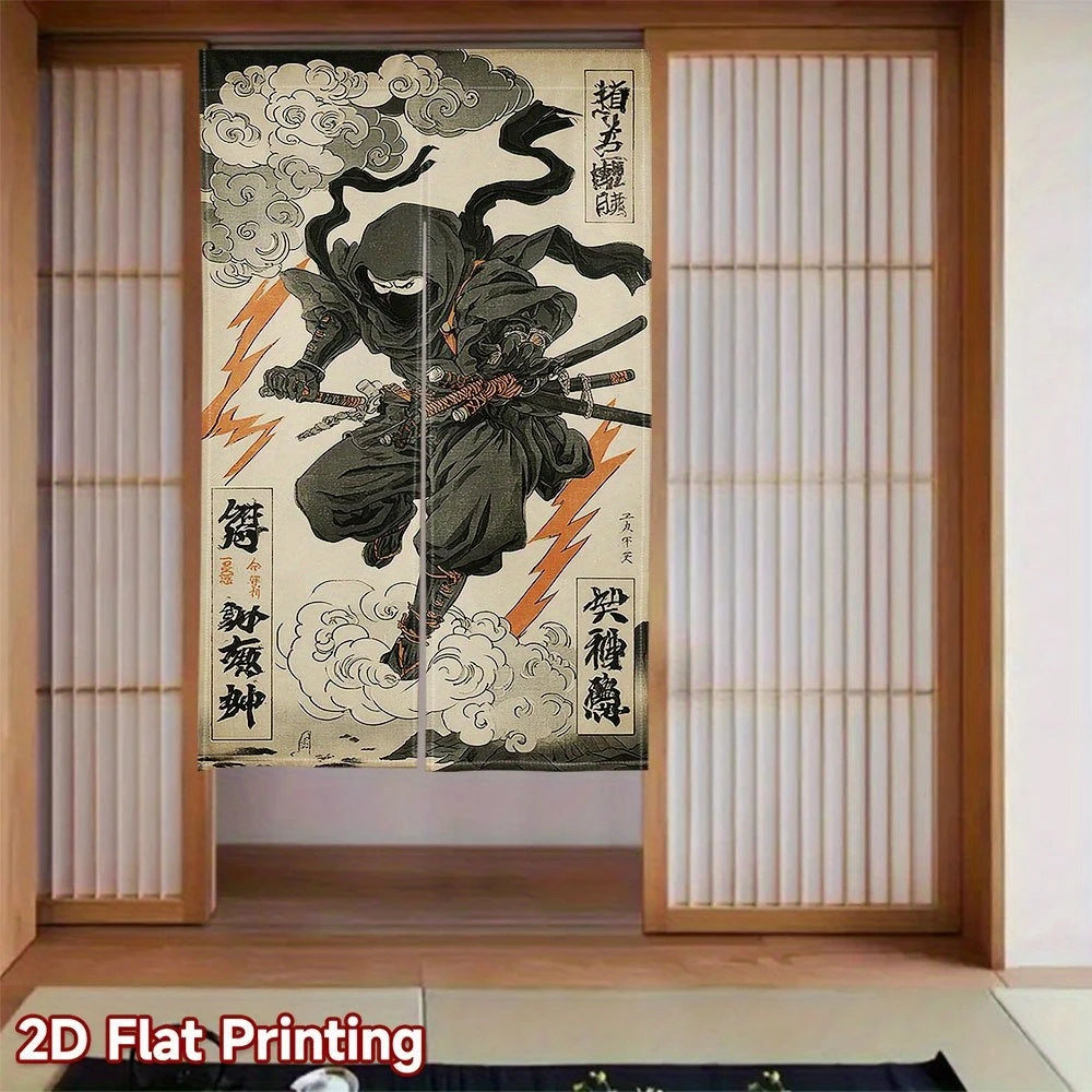 VIKAMA Retro Black Ninja Door Curtain, Japanese Samurai-Style Segmented Half-Door Curtain, Home Decor for Bedrooms and Kitchens