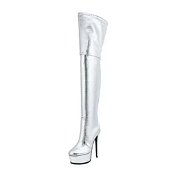 European and American Slim Steel Tube Dance Thigh Boots  Women's Slim High Heels Thick Sole Back Zipper Size 48 Oversized Boots