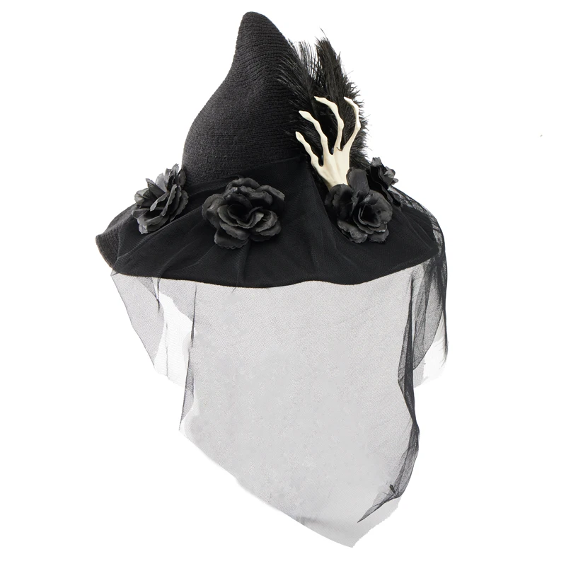 Handmade Witch Hat Lolita Gothic Retro Black Rose Skeleton Hand Wizard Hat with Veil Halloween Party Costumes Hats