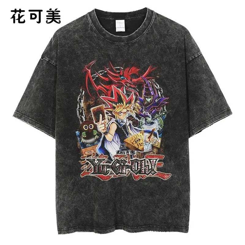 

Popular Japanese Anime Game Wang Shui Wash Old Vintage Short-sleeved T-shirt Pure Cotton Yu-Gi-Oh! Duel Monsters GameKing