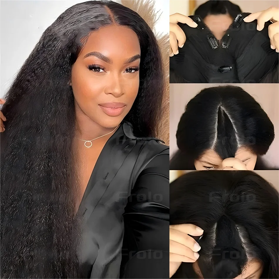 

Кудрявый прямой парик из человеческих волос V-образный парик без остатков V-образный парик Wear And Go Бесклеевой бразильский 250 Плотность 30 дюймов для женщин