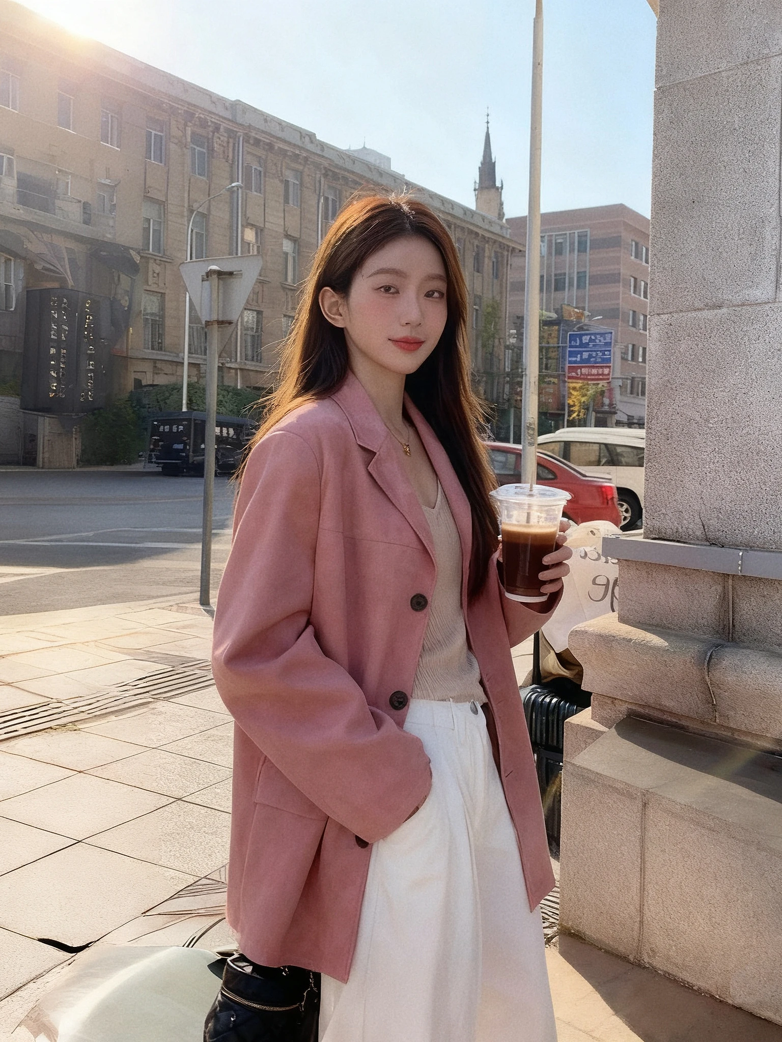 

Autumn Winter Women's Soft Casual Bean Paste Pink Suit Jaet Long Commute Loose Fit Button up Warm Regular Sve Length