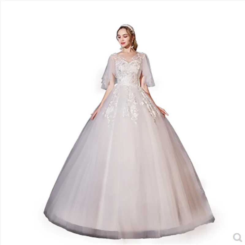 新しいセクシーな V ネックバットウィングスリーブ妊婦のウェディングドレス女性クラシックレースフラワープラスサイズレースアップボールガウン Vestido カスタマイズ
