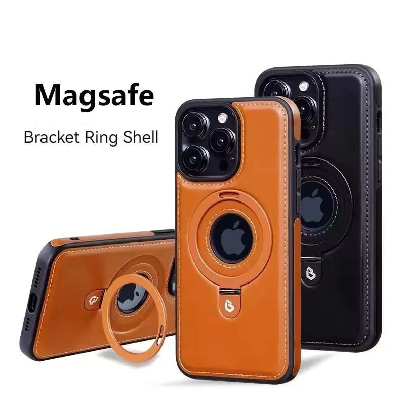 

Magnetic Bracket PU Leather Phone Case For iPhone Series 16 15 14 13 12 Pro Max Magsafe Wireless Charging Hollow Logo Cover