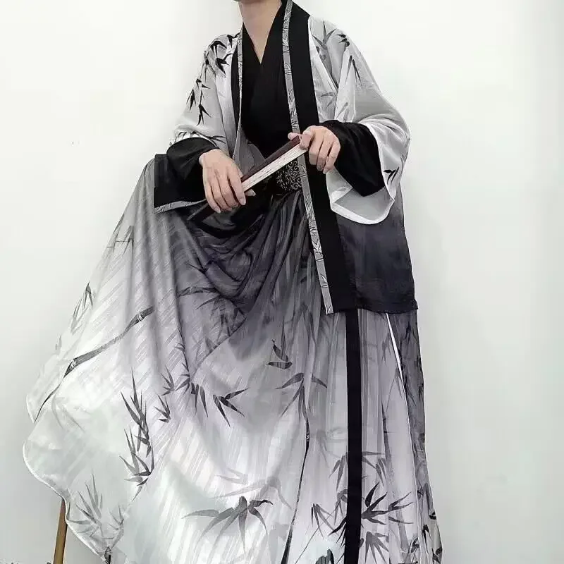 

Plus Size 3XL Hanfu Men Halloween Cosplsy Costume Chinese Traditional Ancient Hanfu Print Bamboo Gray&Black 4Pcs Sets Plus Size