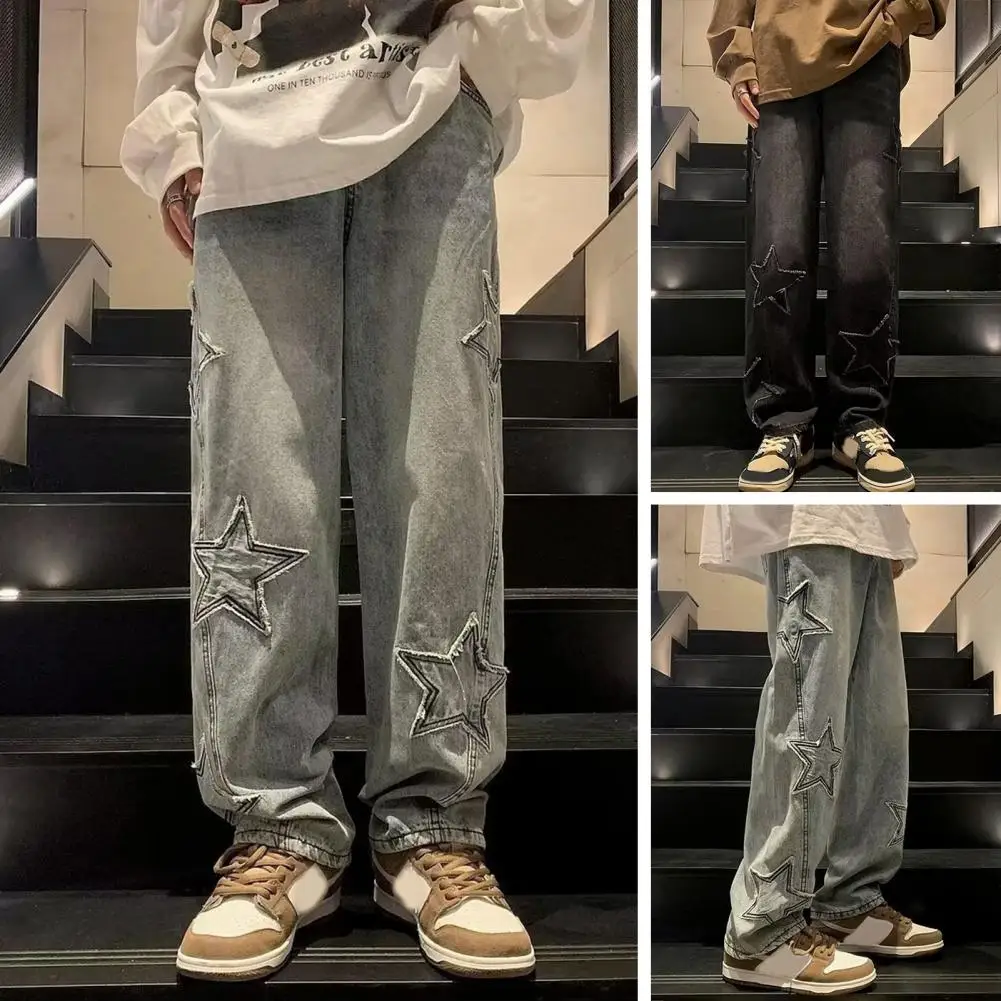 Men Pants Vintage Hip Hop Style Men's Pants with Star Patchwork Deep Crotch Loose Straight Wide Leg Streetwear Trousers in Solid