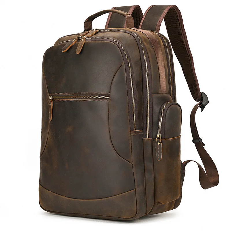 

Men Vintage Crazy Horse Leather Backpack, Large Capacity Top Grain Cowhide Rucksack Fits 17 Inch Laptop Travel Casual Bag