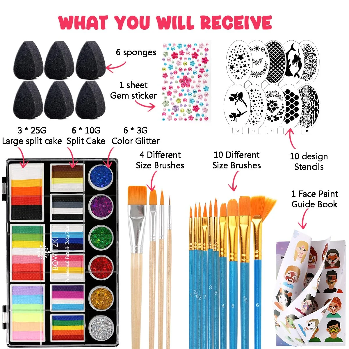 Bowitzki Split Cake Face Paint Kit With Glittle 18 Colors Professional Body Painting Set Stencil One Stroke Non Toxic