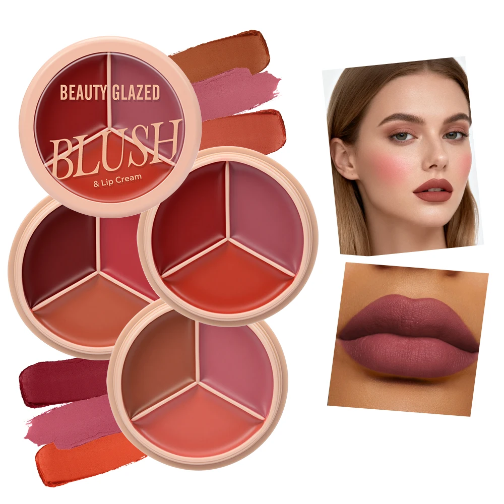 3-color blush palette-cream 2-in-1 multifunctional facial lip makeup, berry, pink, red waterproof