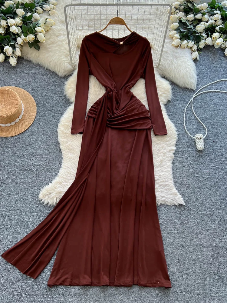 Foamlina Elegant Solid Long Sleeve Formal Evening Prom Dress with Cut Out&Ruched Design Slim Bodycon Maxi Gown for Wedding Party