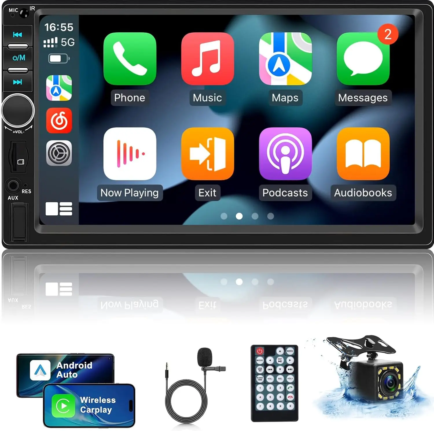 Estéreo para carro HD de 7' com CarPlay, Android Auto, câmera de backup, Bluetooth, rádio FM, USB/AUX