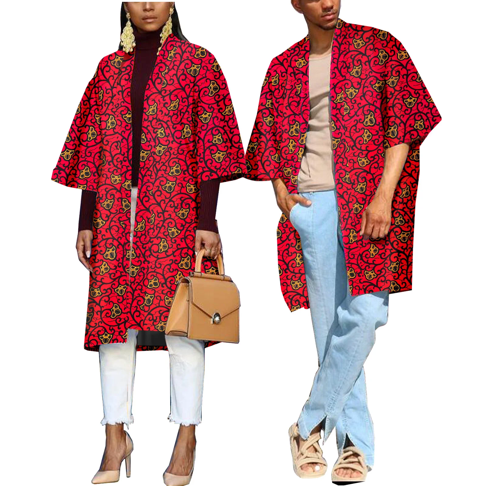 Afrikaanse Paar Outfits Cape Print Open Voorkant Blouse Dashiki Heren En Vrouwen Casual Jas Outwear