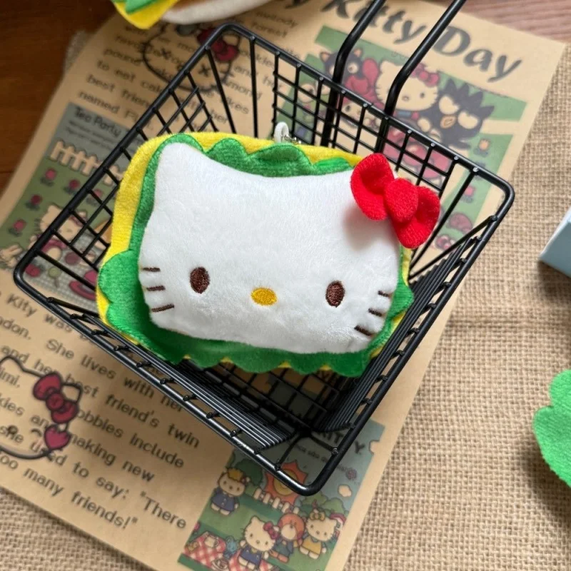 Zawieszka pluszowa Sanrio Hello Kitty w kształcie hamburgera ze złotą klamrą, ozdoba do plecaka, akcesoria do zamków błyskawicznych, brelok do kluczy samochodowych, prezent na Boże Narodzenie