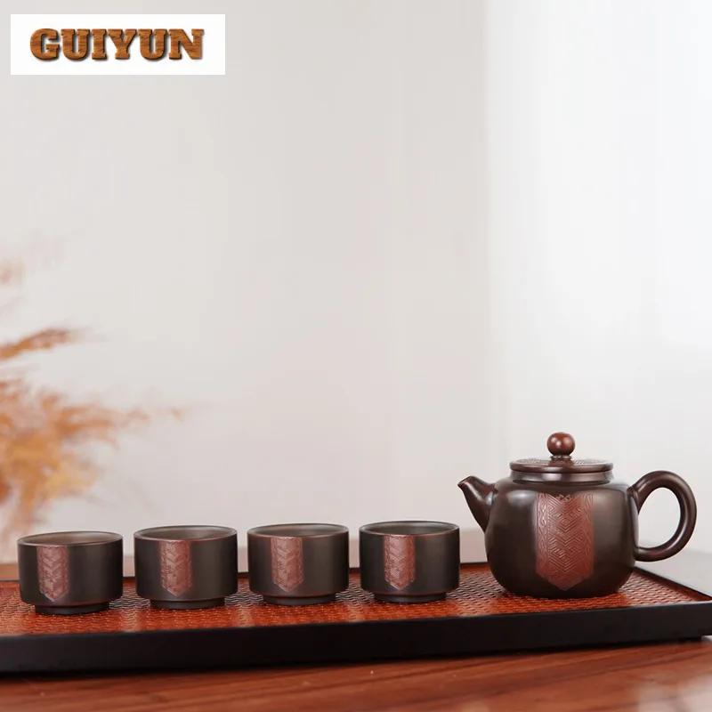 

250ml Handmade Carve Qinzhou Nixing Pottery Teaset Complete Set Tea Ceremony Set 1 Pot 4 Cups Kit Chinese Teaset Gift Collection