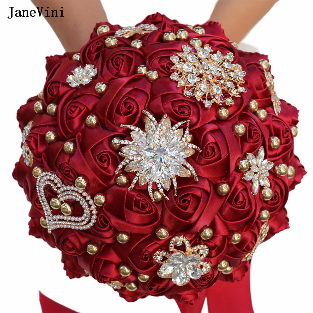 JaneVini Luxury Rhinestones Jewelry Burgundy Wedding Flowers Bridal Bouquets Sparkly Beaded Artificial Satin Roses Bouquet Novia