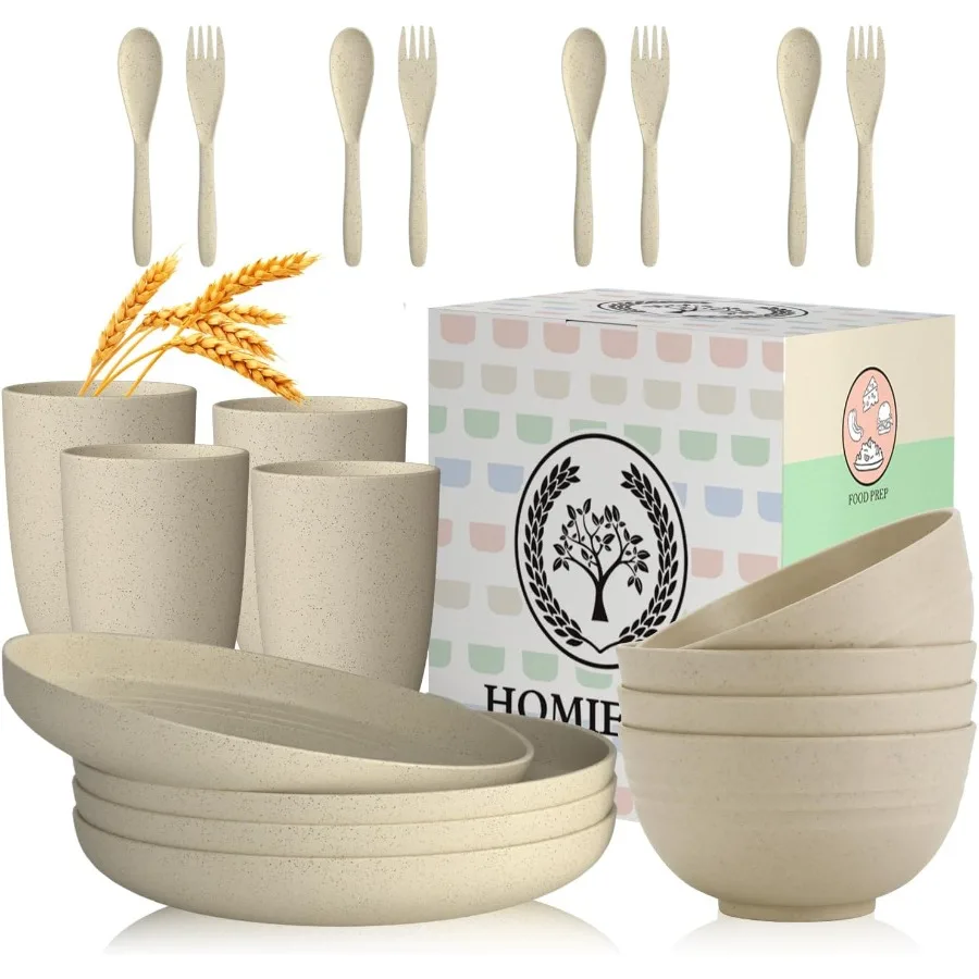 

Наборы столовой посуды из пшеничной соломы, 20 шт., легкая небьющаяся посуда, миски для микроволновой печи, которые можно мыть в посудомоечной машине, чашки, вилки, набор ложек, Perf